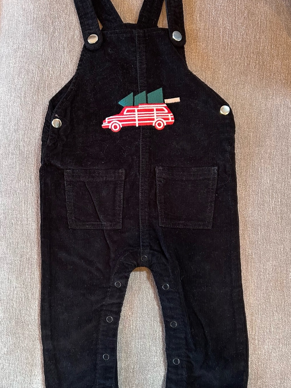 Monica + Andy Black Corduroy Overalls with vintage car and tree 6-12m
